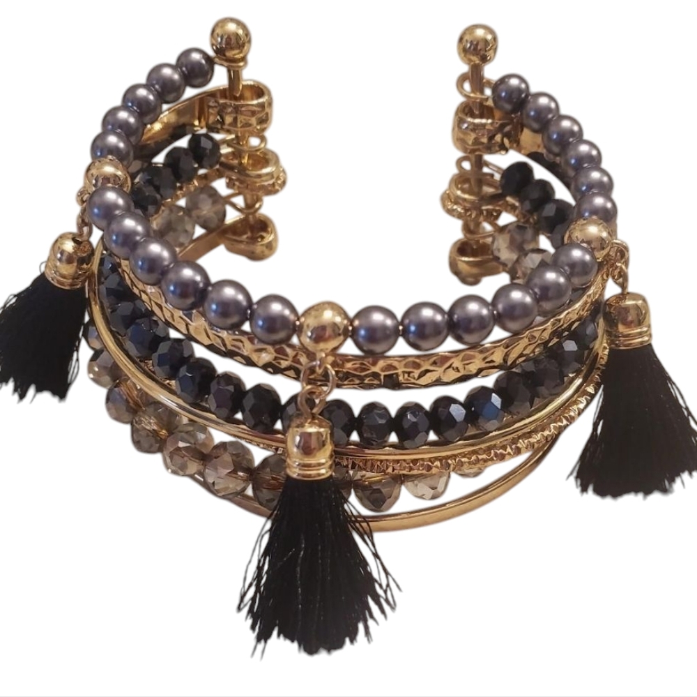 Boho Beaded multiple layered bangle cuff bracelet gold black gray faux Pearls